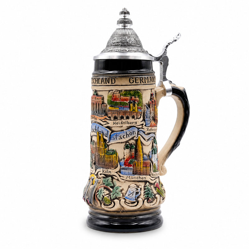 German Beer Stein PANORAMA GERMANY, Special Pewter Lid (ZSD)