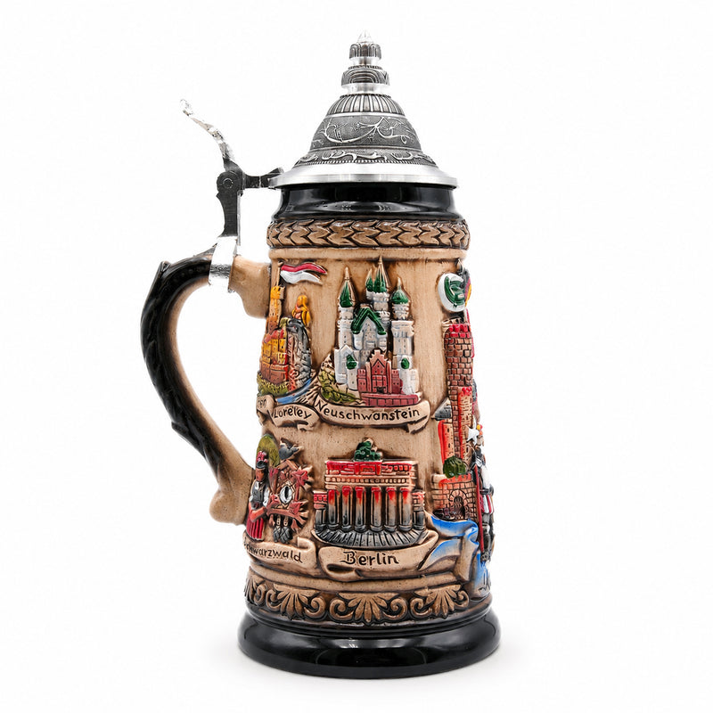 Jarra de Cerveza Alemana PANORAMA ALEMANIA, Tapa de Peltre Especial (ZSD)