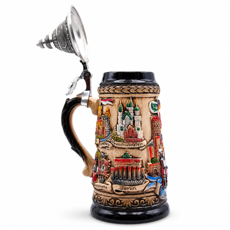 Jarra de Cerveza Alemana PANORAMA ALEMANIA, Tapa de Peltre Especial (ZSD)