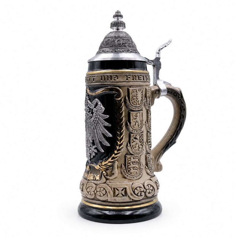German Beer Stein 1/2 L (16.9 oz), Pewter Relief Crest, EAGLE, Special Pewter Lid (ZSD) - No. 1425-606