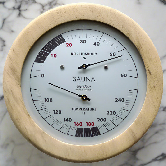 Termómetro e higrómetro para sauna Fischer, madera de pino, 155 mm/6,1", 196TH-03F (EE. UU., Fahrenheit)