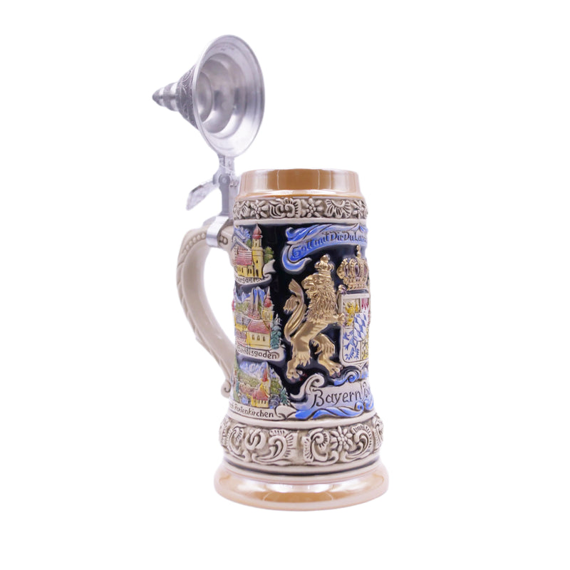 ドイツビールジョッキ 1/2 L (16.9 oz)、ババリアンライオン、特別なピューターリッド (ZSD) - No. 1796-996