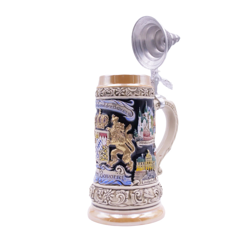 ドイツビールジョッキ 1/2 L (16.9 oz)、ババリアンライオン、特別なピューターリッド (ZSD) - No. 1796-996