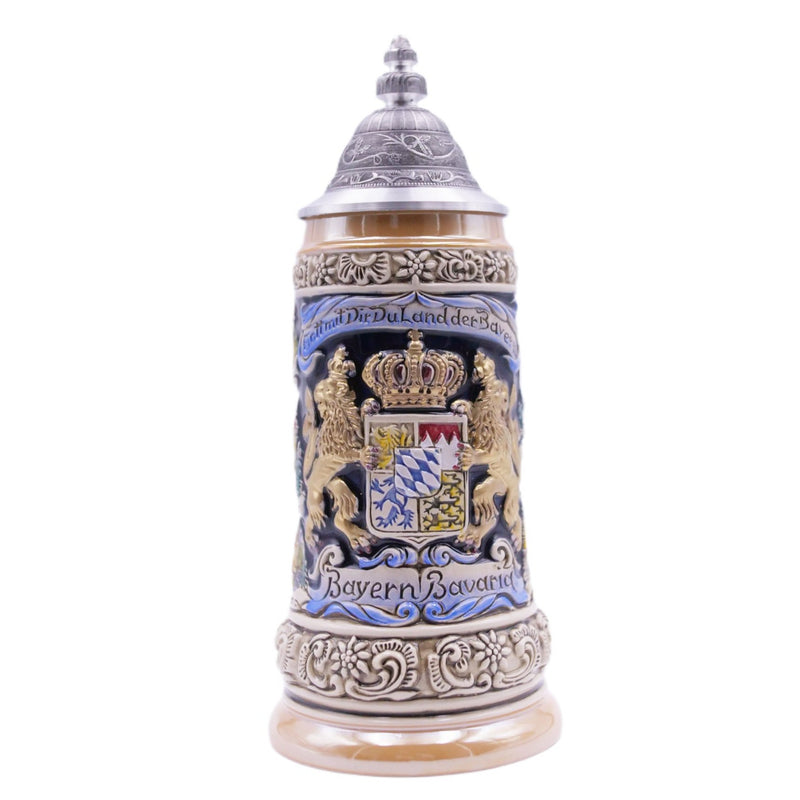 ドイツビールジョッキ 1/2 L (16.9 oz)、ババリアンライオン、特別なピューターリッド (ZSD) - No. 1796-996