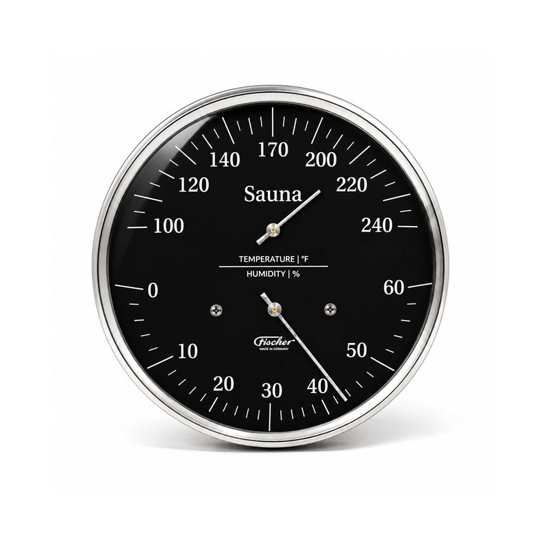 Fischer Sauna Thermometer & Hygrometer, Stainless Steel, Black Dial - US / Fahrenheit