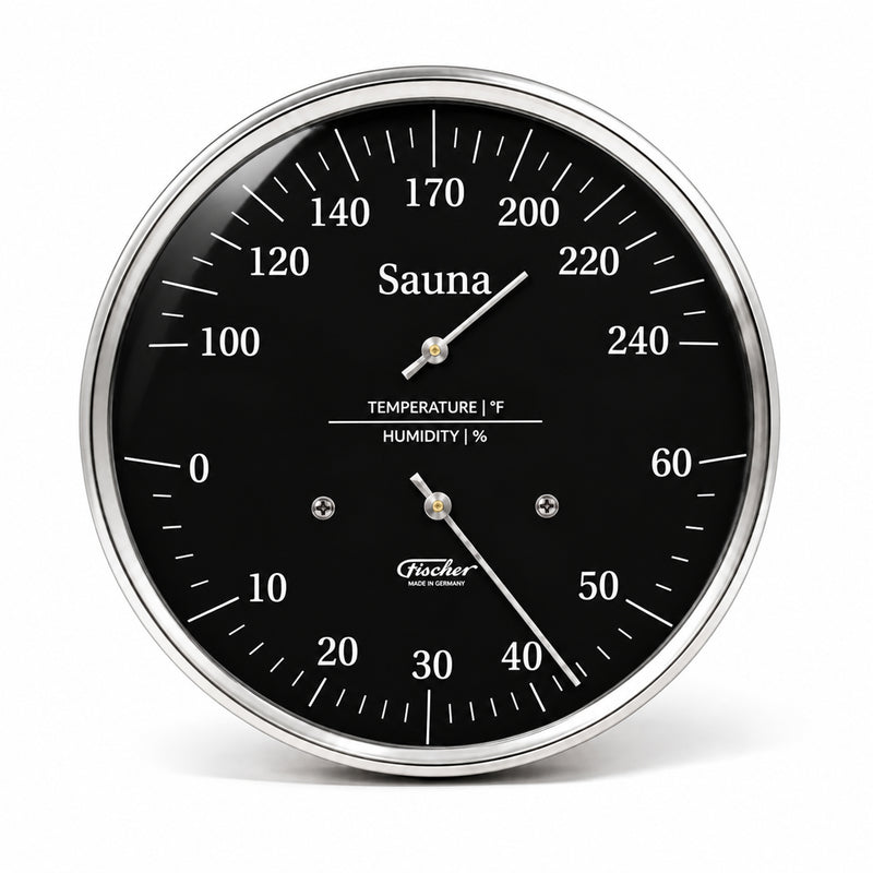 Fischer Sauna Thermometer & Hygrometer, Stainless Steel, Black Dial - US / Fahrenheit