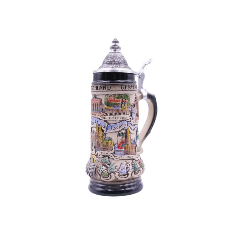 German Beer Stein PANORAMA GERMANY, Special Pewter Lid (ZSD)