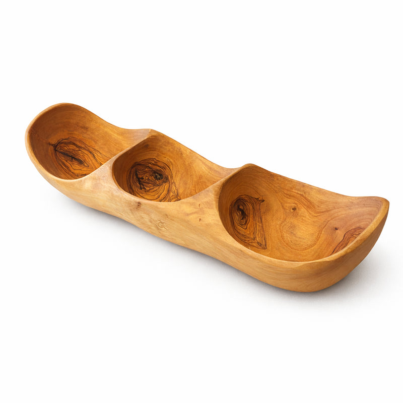 PASTERKAMP Olive Wood 3-Compartment Serving Bowl (30–35 cm / 11.8–13.8 in)