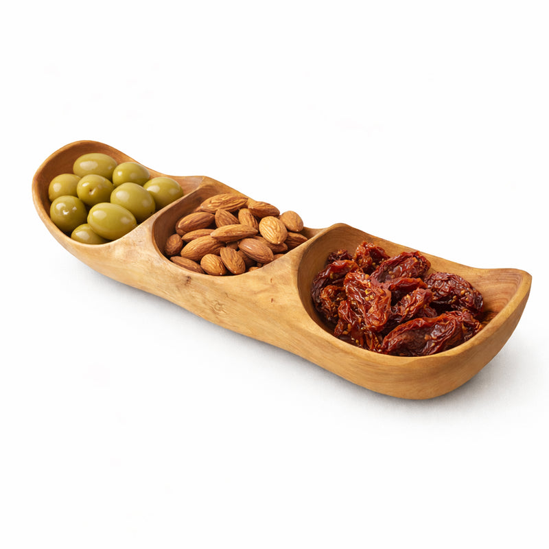 PASTERKAMP Olive Wood 3-Compartment Serving Bowl (30–35 cm / 11.8–13.8 in)