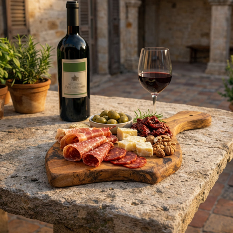 PASTERKAMP Rustic Olive Wood Serving & Cutting Board with Handle - 9.5–11" (24–28 cm)