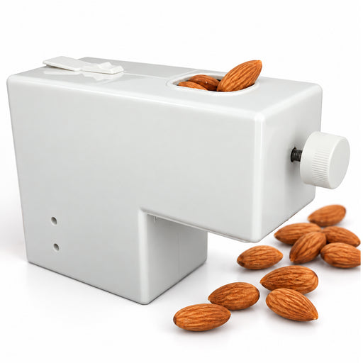Pelamatic Robito Almond displayed with almonds in front of the machine.