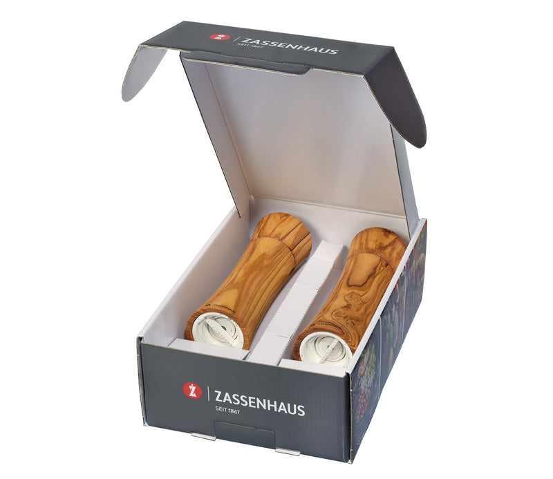 Zassenhaus Pepper & Salt Mill Set FRANKFURT with Coaster, Olive Wood