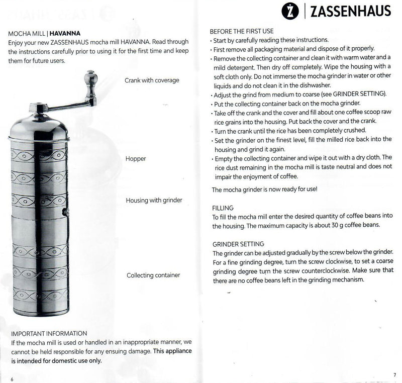 Zassenhaus Mocha Coffee Grinder / Mill HAVANNA, Polished Brass - #041002