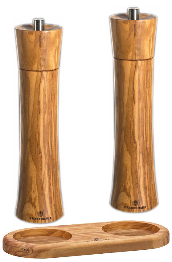 Zassenhaus Pepper & Salt Mill Set FRANKFURT with Coaster, Olive Wood