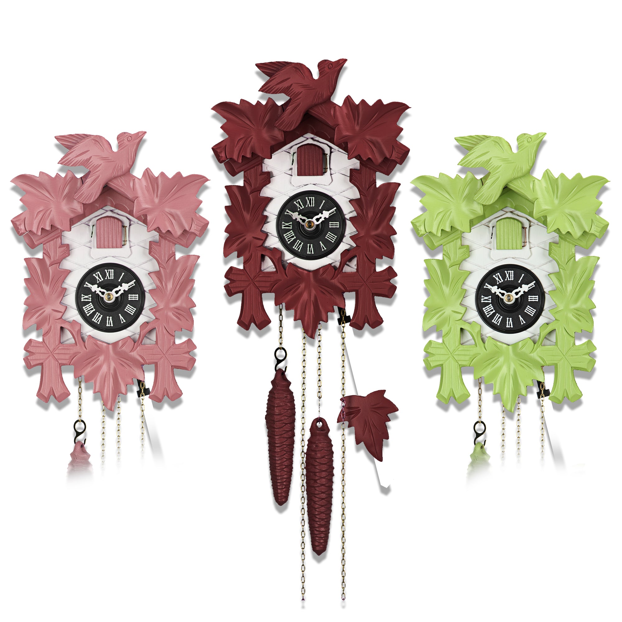 Cuckoo Clock Hand Carved with Leaves & Bird Black Forest Colored