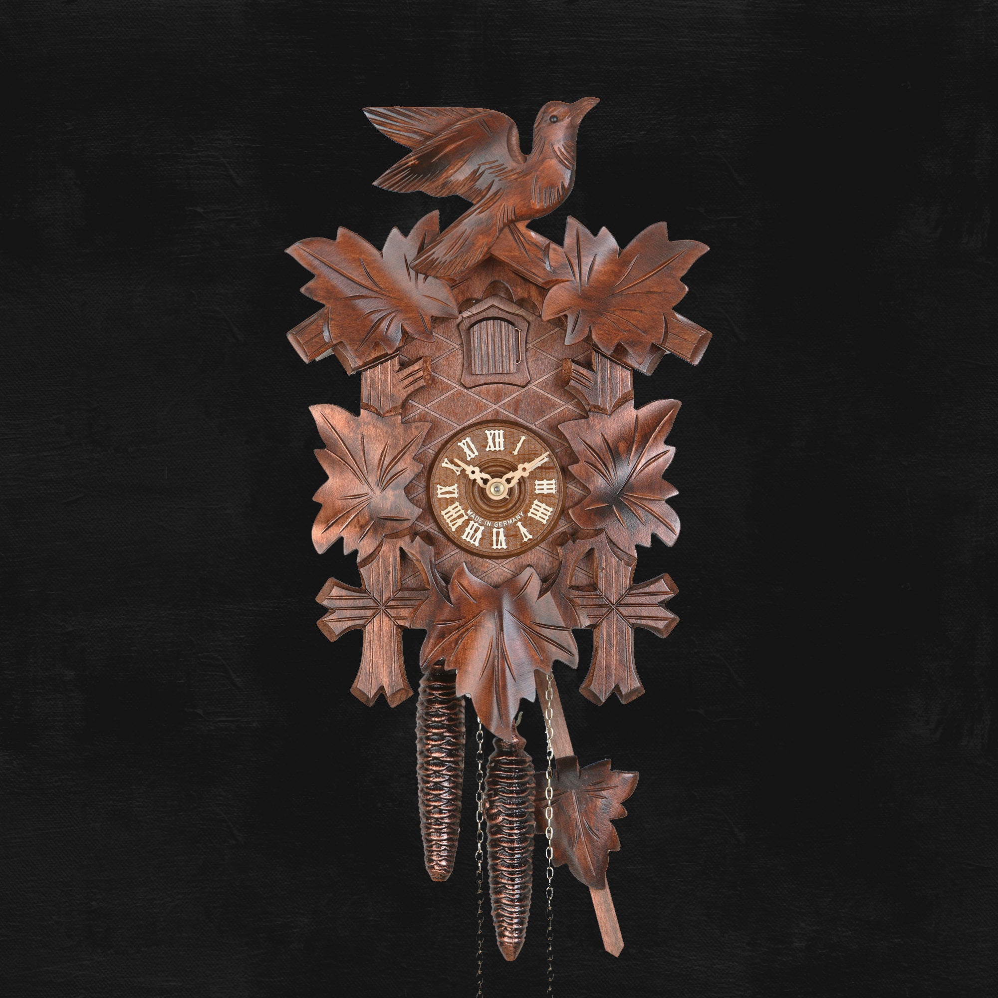 Cuckoo Clock Hand Carved with Leaves & Bird Black Forest Colored