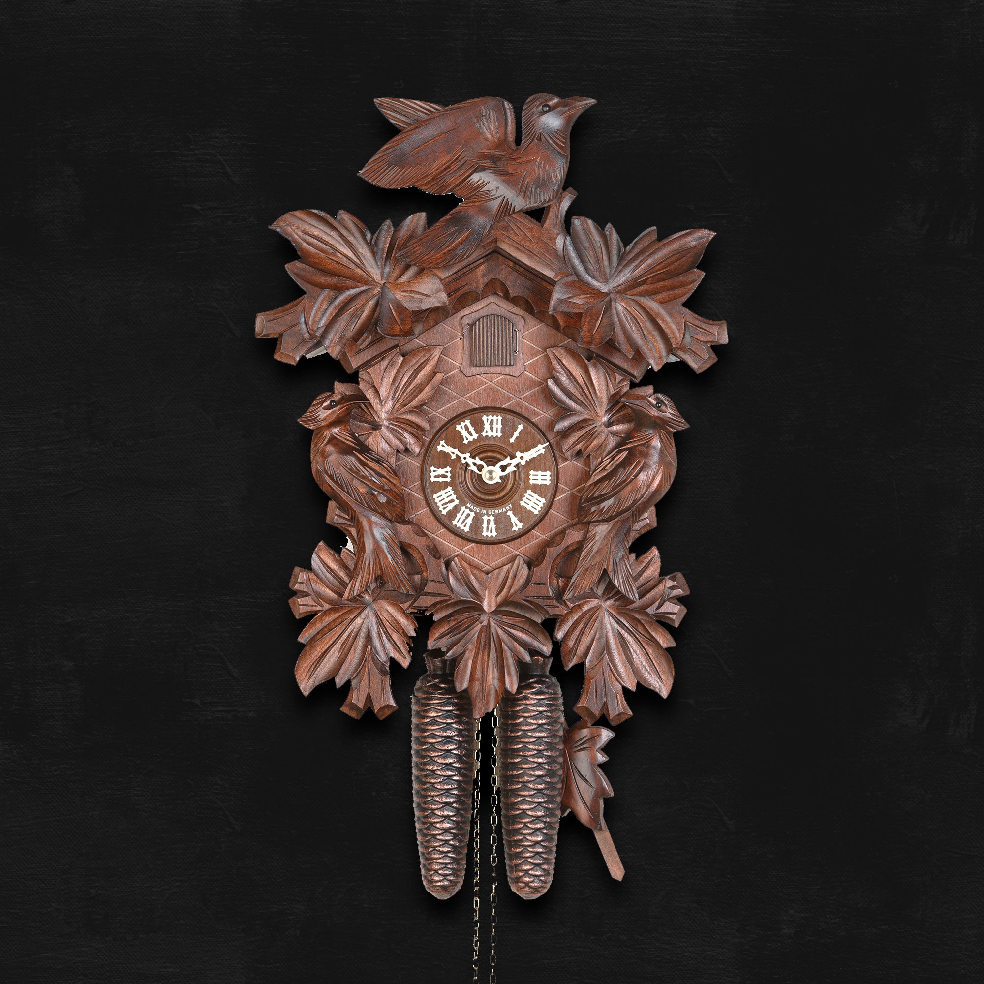Cuckoo Clock Hand Carved with Leaves & Bird Black Forest Colored