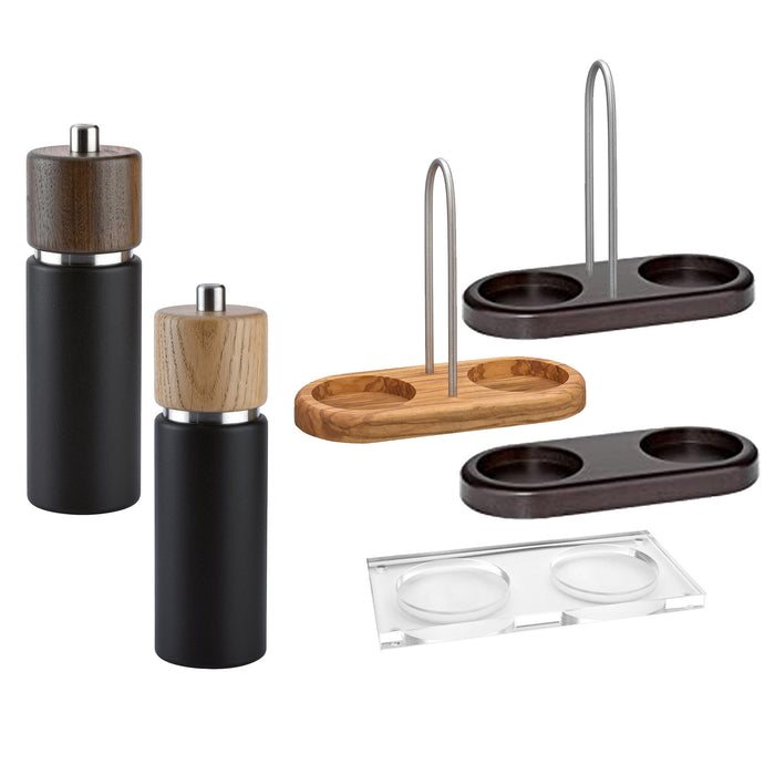 Premium Black Stainless Steel Salt And Pepper Grinder Set With Stand In  Bamboo